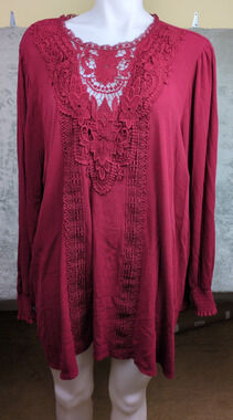 Torrid Womens Burgundy Long Sleeve Lace Crochet Boho Tunic Top Plus Size 5 (5X)